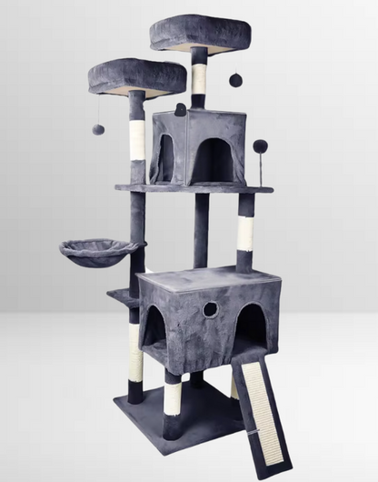 Katzenkratzbaum mit Höhlen, Spielzeug & Hängematte – stabil & gemütlich