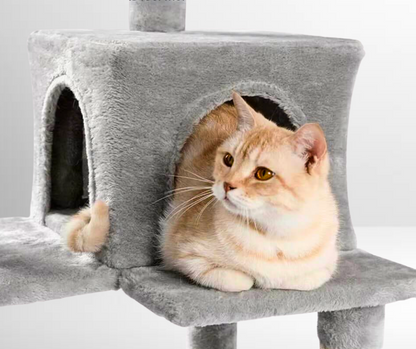 Katzenkratzbaum mit Höhlen, Spielzeug & Hängematte – stabil & gemütlich